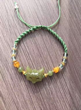 原创设计天然和田玉狐狸面具手绳搭配天然蜜蜡白水晶