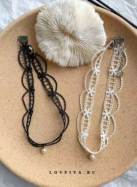 choker项链女白色蕾丝珍珠颈链少女气质项圈颈带超仙锁骨链脖饰