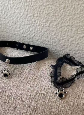 朋克甜酷叛逆小狗项圈女颈带猫爪皮革铆钉choker颈链朋克项链