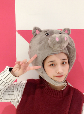 韩国少女心毛绒粉色小猪软妹帽子
