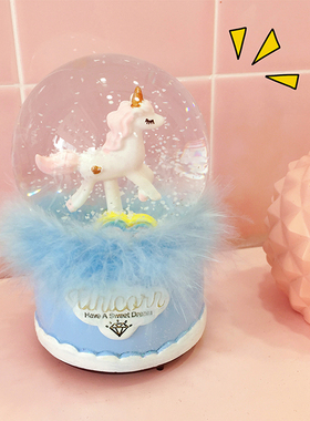卡通少女心八音盒创意生日情人节礼物白色飘雪小角兽音乐盒水晶球