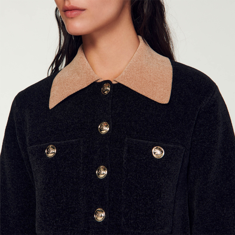 SANDROOutlet女装法式短款黑色撞色针织开衫上衣SFPCA00850-图2