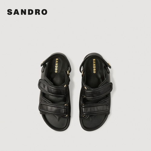 SANDRO夏季女士法式时尚气质简约羊皮革黑色经典简约前后搭扣凉鞋 - 图1