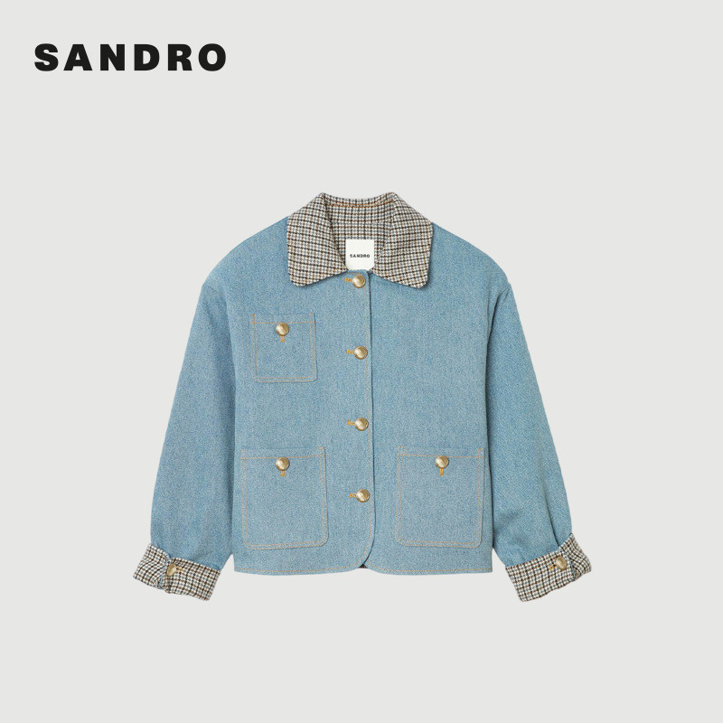 SANDRO2025秋冬新款女装休闲法式蓝色格纹翻领单排扣牛仔短外套,淘宝优惠券,粉丝福利购,淘宝优惠卷