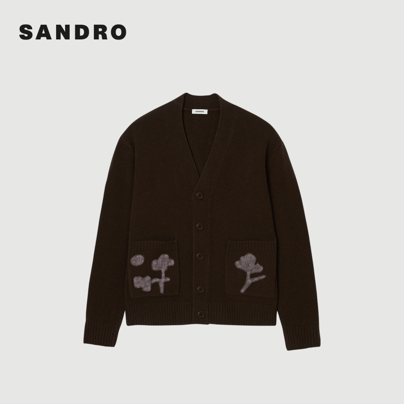 季末6折SANDRO2025秋冬新款男装花朵图案深棕色绵羊毛针织开衫,淘宝优惠券,粉丝福利购,淘宝优惠卷