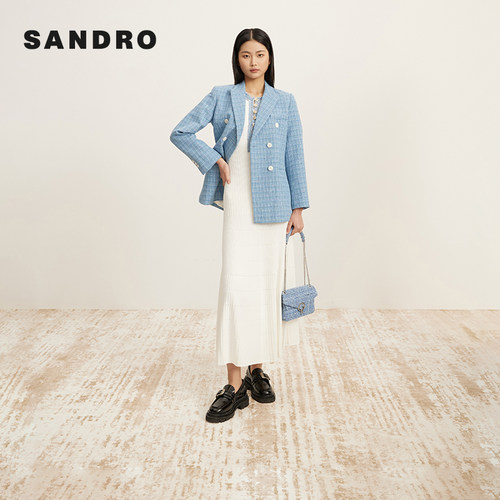 SANDRO夏季女装法式简约气质白色撞色毛边牛仔镂空长款针织连衣裙 - 图0