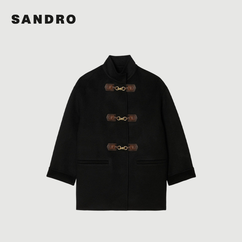SANDRO2025秋冬新款女装复古绵羊毛立领皮革金属搭扣毛呢大衣外套,淘宝优惠券,粉丝福利购,淘宝优惠卷