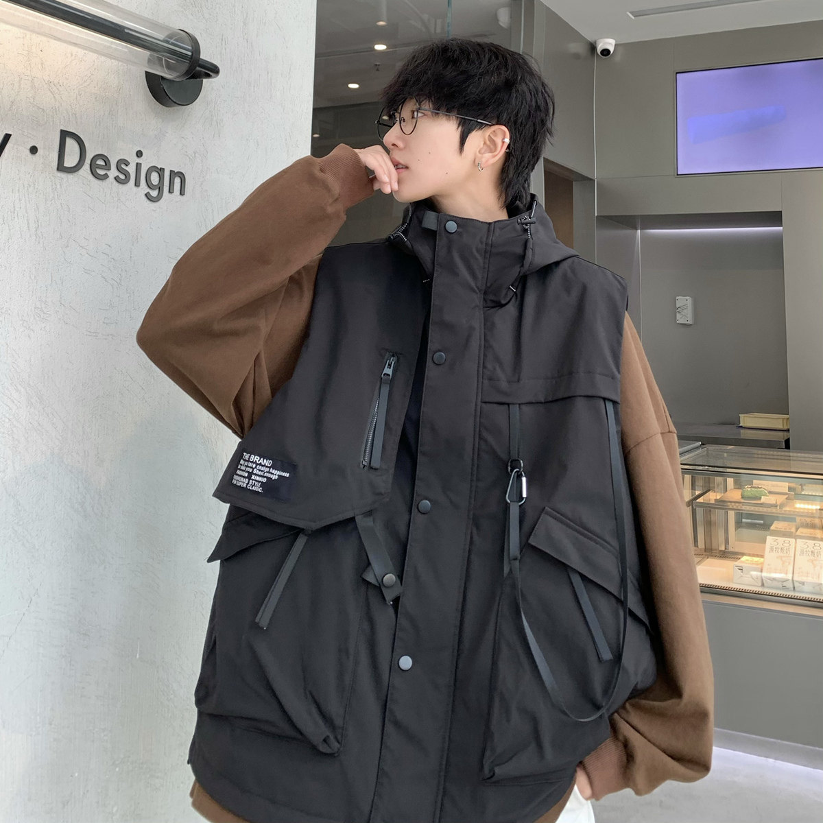 复古飘带机能连帽马甲男秋季外套加肥加大码潮流胖人宽松工装背心,淘宝优惠券,粉丝福利购,淘宝优惠卷