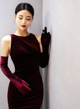 酒红色新娘结婚敬酒礼服手套丝绒
