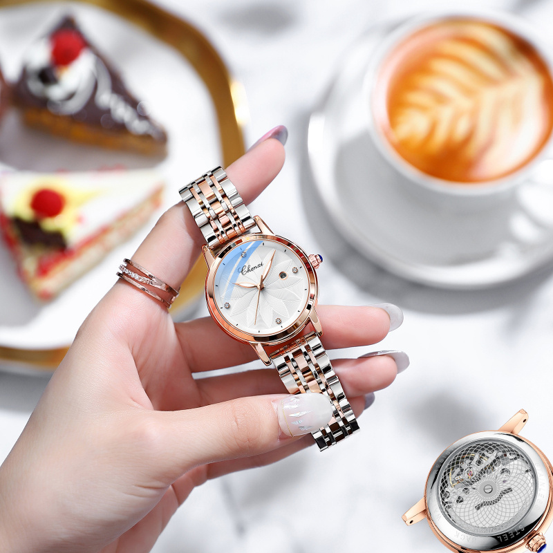 晨曦女表扫秒机芯机械镂空透底爆款镶钻日历钢带石英手表女士腕表 - 图0