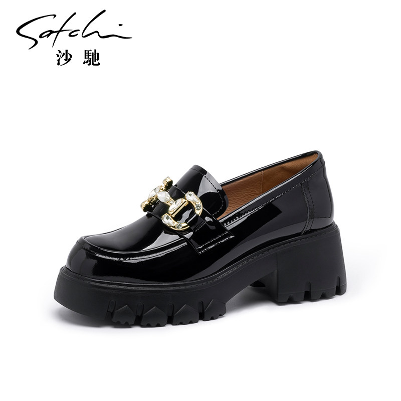 沙驰女鞋厚底乐福鞋女单鞋2026年春季新款水晶马衔扣粗高跟深口鞋,淘宝优惠券,粉丝福利购,淘宝优惠卷