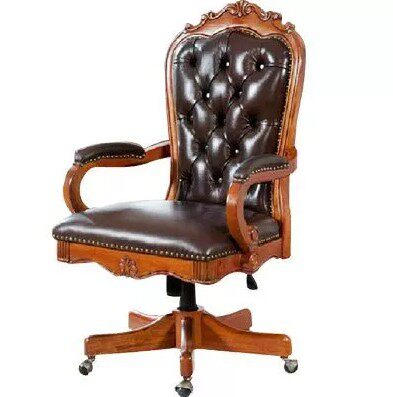 Office chair solid wood genuine leather hibiscus flower