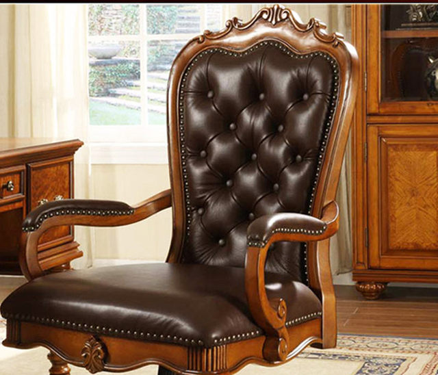 Office chair solid wood genuine leather hibiscus flower