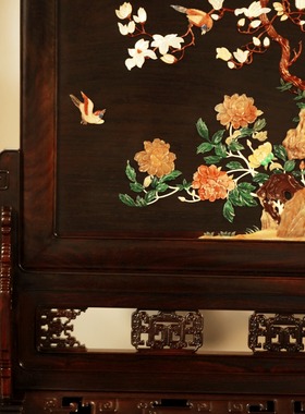 老挝大红酸枝百宝嵌玉堂富贵大插屏陈设中堂玄关案上雅器文玩收藏