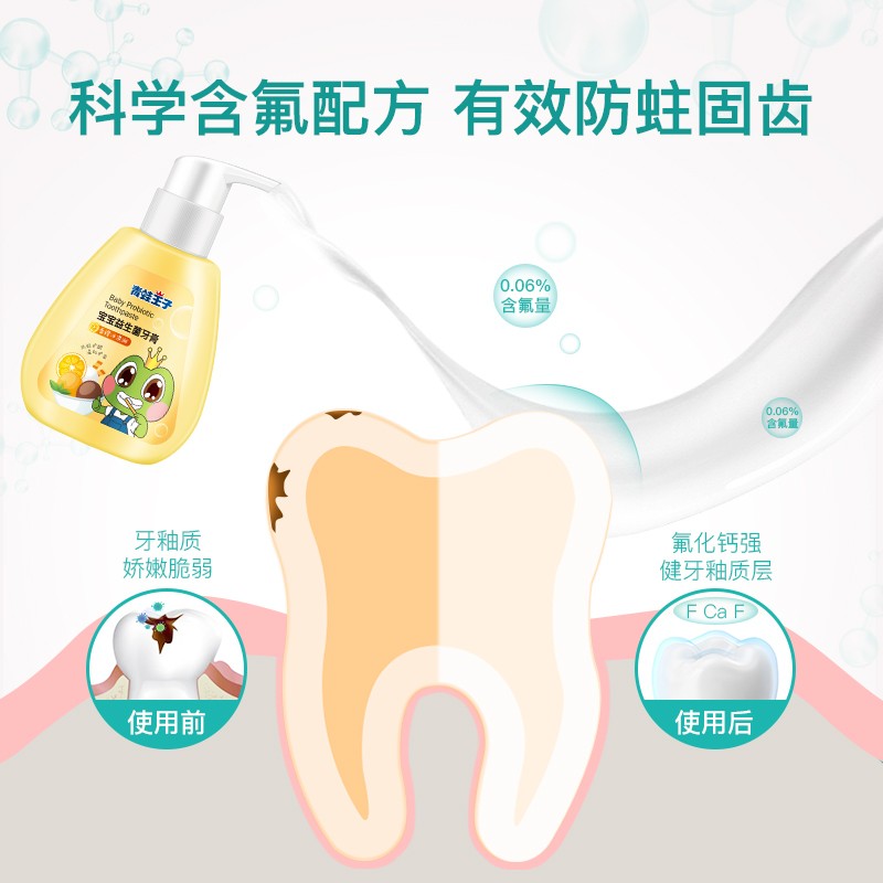 青蛙王子儿童益生菌牙膏3—12岁小孩含氟小学生防蛀按压儿童牙膏