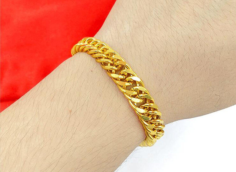 越南沙金手链  镀24k黄金新款男士老板坦克扁链手链 仿真黄金首饰