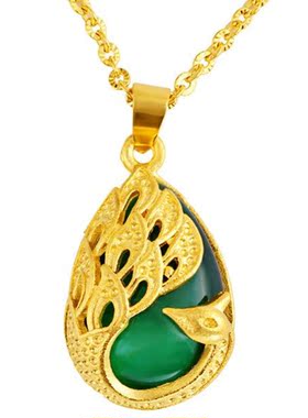 女士猫眼石孔雀多色沙金项链吊坠