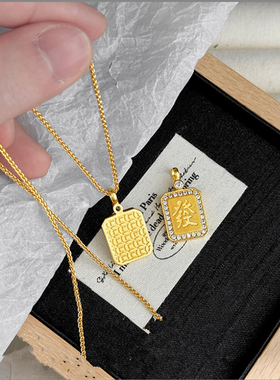 越南沙金项链  镀24K黄金女款小方牌发财吊坠 小众招财锁骨链子