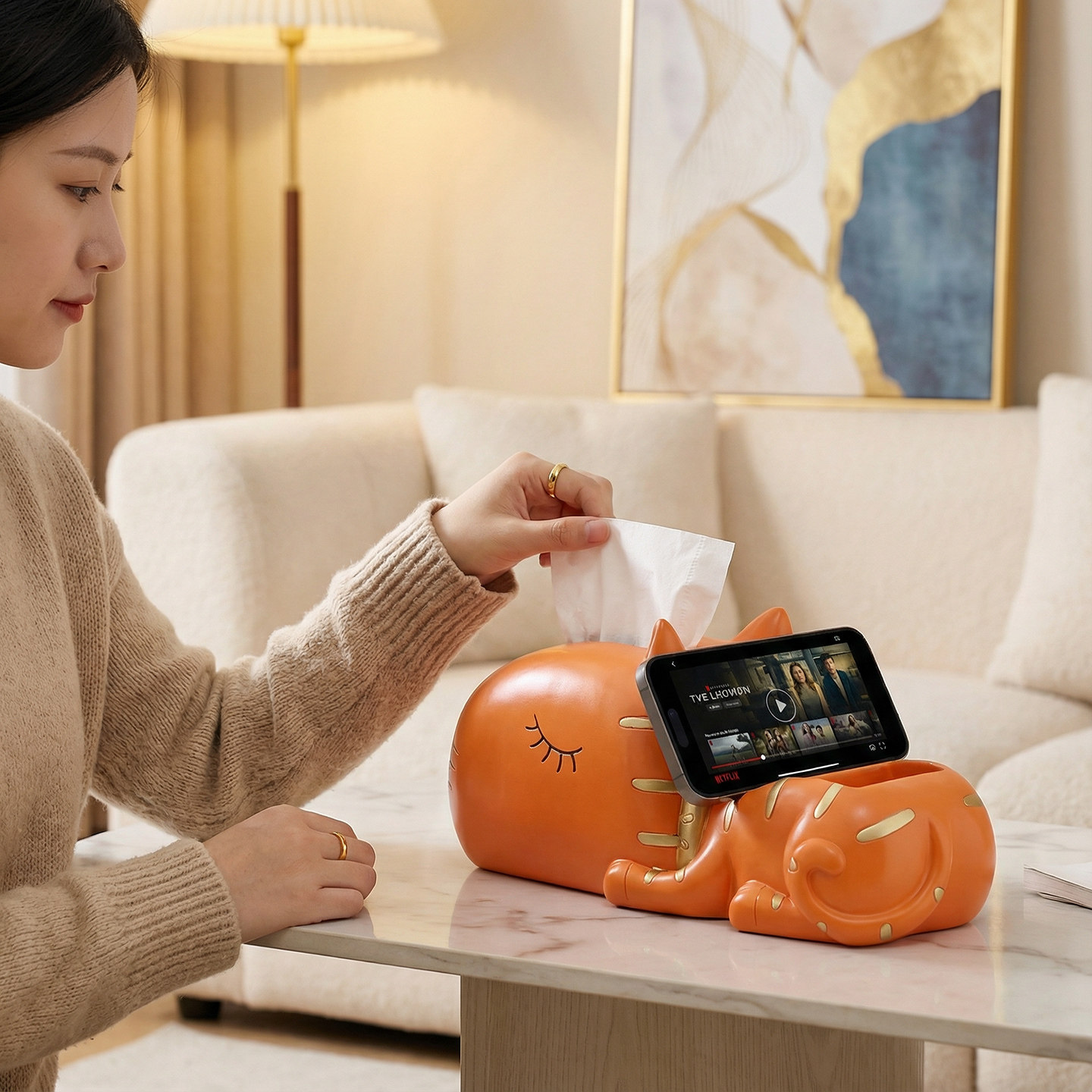 躺平猫收纳纸巾盒创意茶几抽纸盒现代轻奢客厅放遥控器收纳装饰品,淘宝优惠券,粉丝福利购,淘宝优惠卷