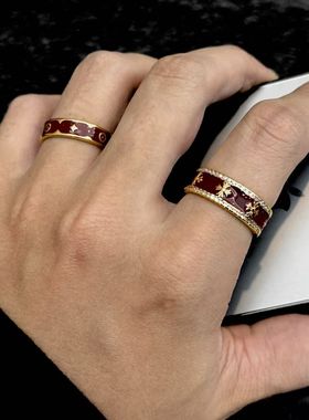 复古老酒花酒红金色戒指男十字架小众高级感食指戒女指环新款戒子