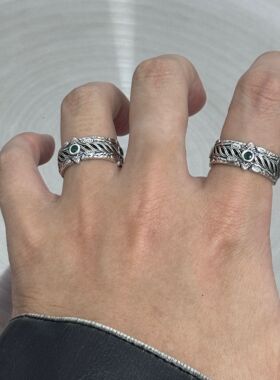 三面绿石戒指复古做旧开口可调节