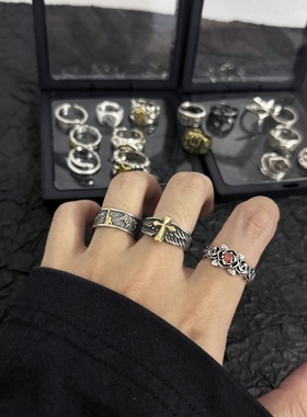 潮牌男生戒指欧美复古做旧版