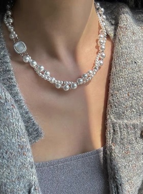 微镶方形贝母扣澳白色双层缠绕施家珍珠贝母扣项链轻奢感颈链