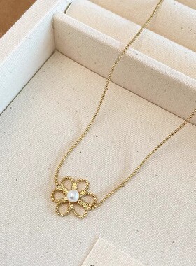 【小花蕾】金色串珠蕾丝花朵珍珠锁骨链女新款轻奢高级感颈链饰品