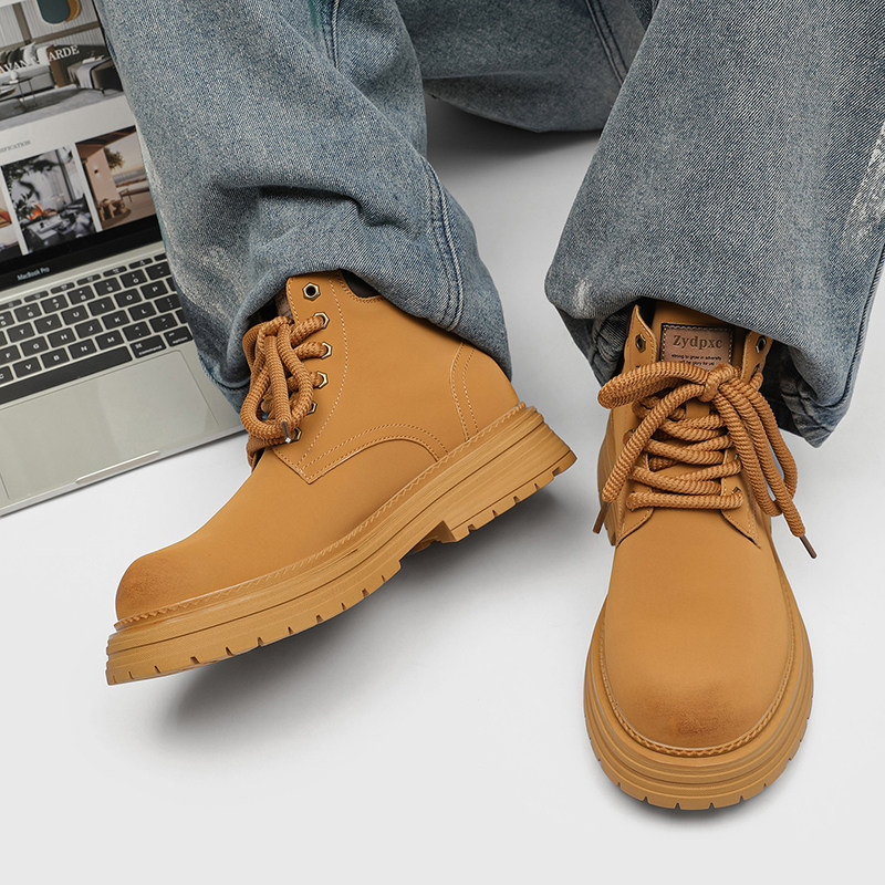马丁靴男款秋冬季加绒英伦中帮户外复古厚底增高工装登山大黄靴男,淘宝优惠券,粉丝福利购,淘宝优惠卷