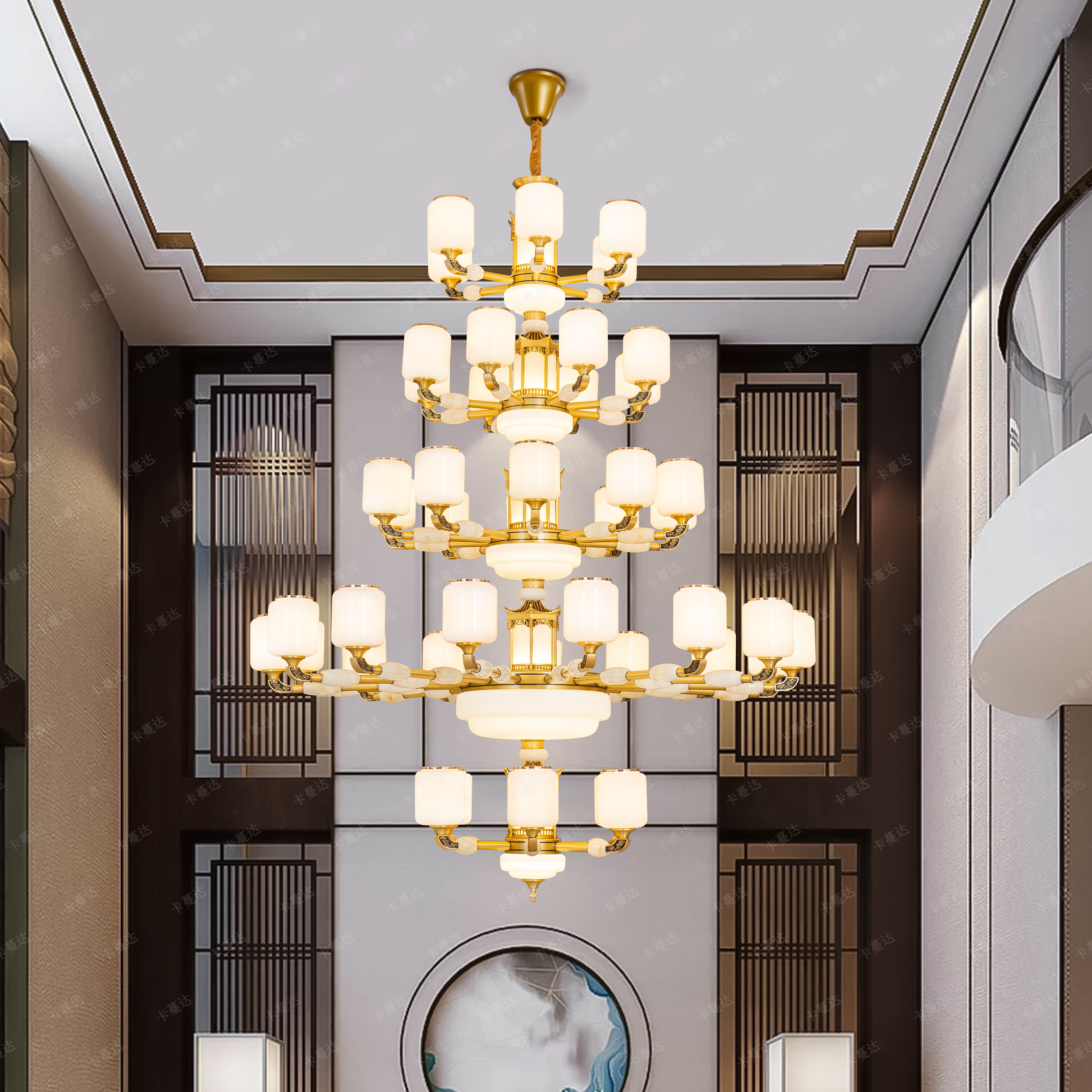 全铜玉石复式楼客厅大吊灯新中式别墅楼梯中空旋转楼梯自建房灯具,淘宝优惠券,粉丝福利购,淘宝优惠卷