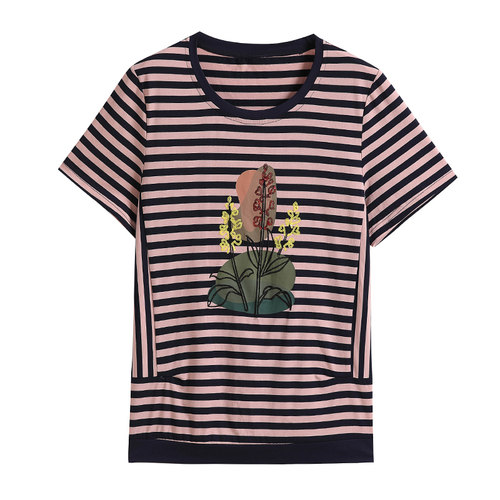 妈妈夏装2025新款纯棉短袖t恤女中老年大码圆领上衣时尚条纹小衫 - 图3