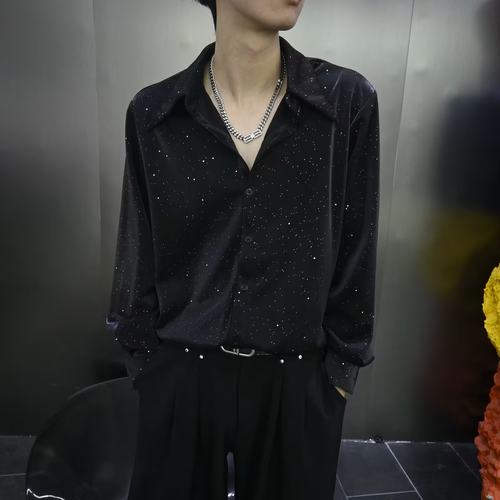 痞帅潮流ins黑色长袖衬衫男禁欲系满天星烫金设计感宽松夜店上衣 - 图2