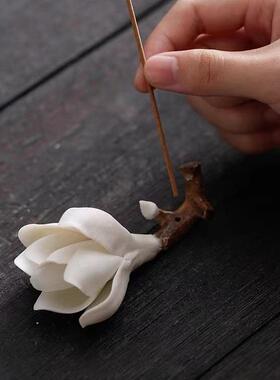 手捏陶瓷玉兰花线香插禅意桌面装饰摆件纯手工陶瓷精致多色玉兰花