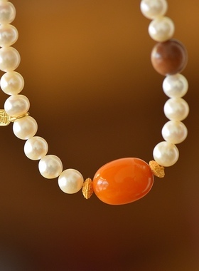 天然淡水珍珠圆珠手链蜜蜡枣珠桶珠925古法银福牌吊坠配件diy编织