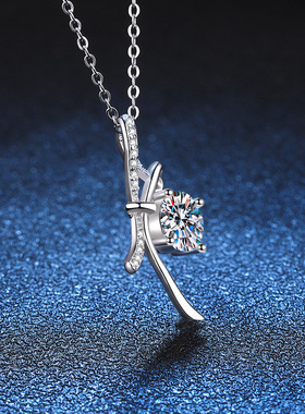 S925银镀18K金PT950铂金镶1克拉D色莫桑石女吊坠蝴蝶结莫桑钻项链