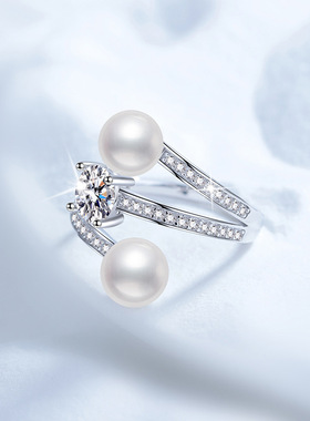 S925银镀18K金PT950铂金镶莫桑石天然淡水珍珠戒指环可调节女戒指