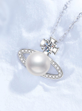 S925银镀18K金PT950铂金镶天然淡水珍珠吊坠莫桑石时尚女土星项链