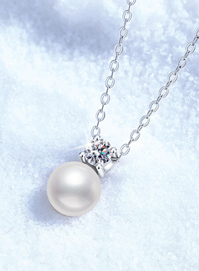 S925银镀18K金PT950铂金镶30分天然淡水珍珠强光圆简约莫桑石项链