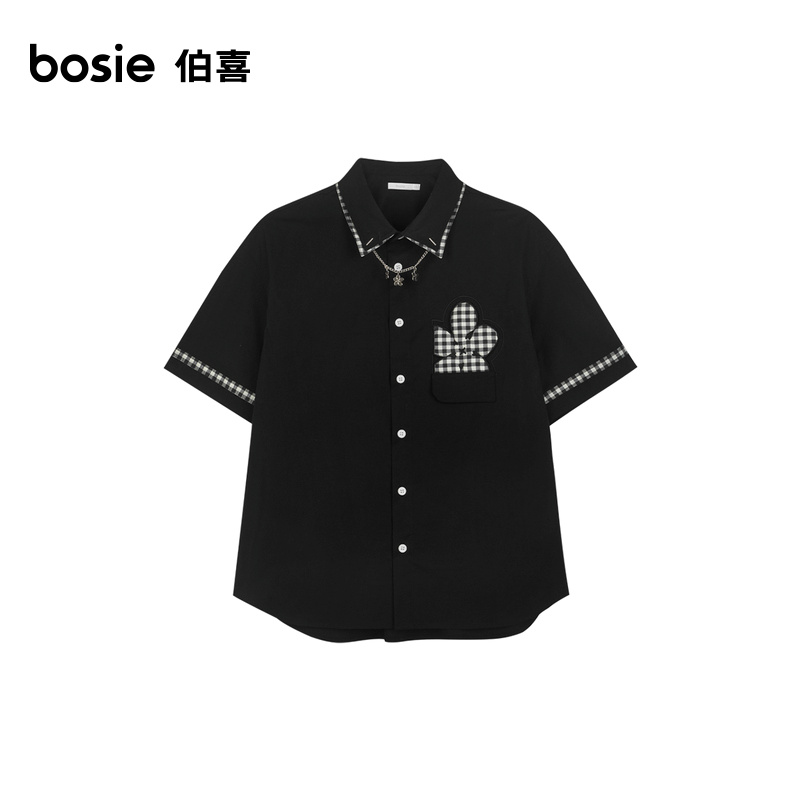 bosie夏季新款短袖衬衫男潮牌潮流情侣时尚花朵拼色外套式衬衣女 - 图3