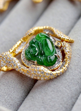 纯银豪镶翡翠佛公吊坠925镀真金