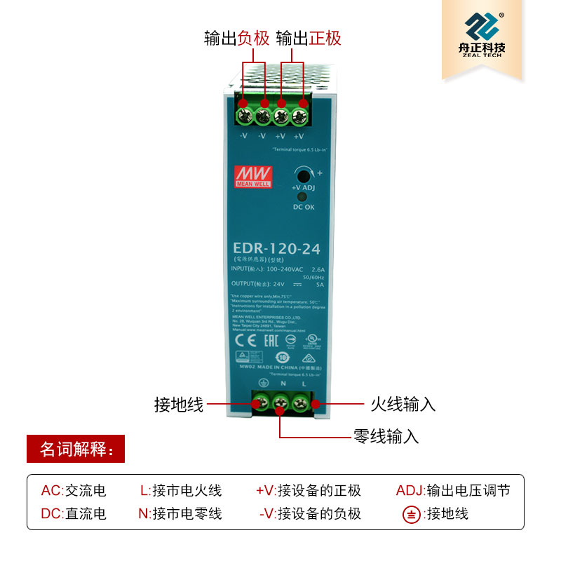 明纬导轨式安装120W开关电源卡轨电源EDR-120-24V开关电源 24V 5A