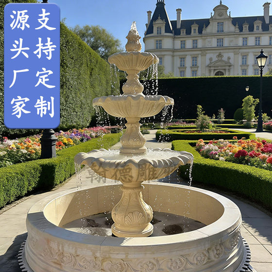 Natural stone fountain, waterscape, wishing pool, european-style outdoor courtyard, flowing water landscape, fish pond, landscaping stone decoration