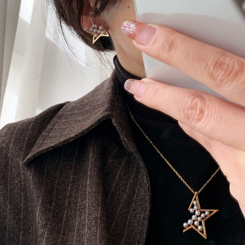 《浪漫星河》高级经典五角星珍珠耳钉项链纯银套装天然淡水AK珍珠 - 图1