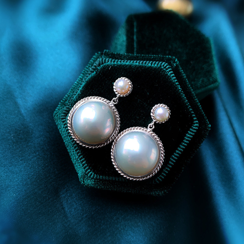 《月上明星》原创设计纯银白色海水马贝珍珠耳钉耳坠法式复古耳饰,淘宝优惠券,粉丝福利购,淘宝优惠卷