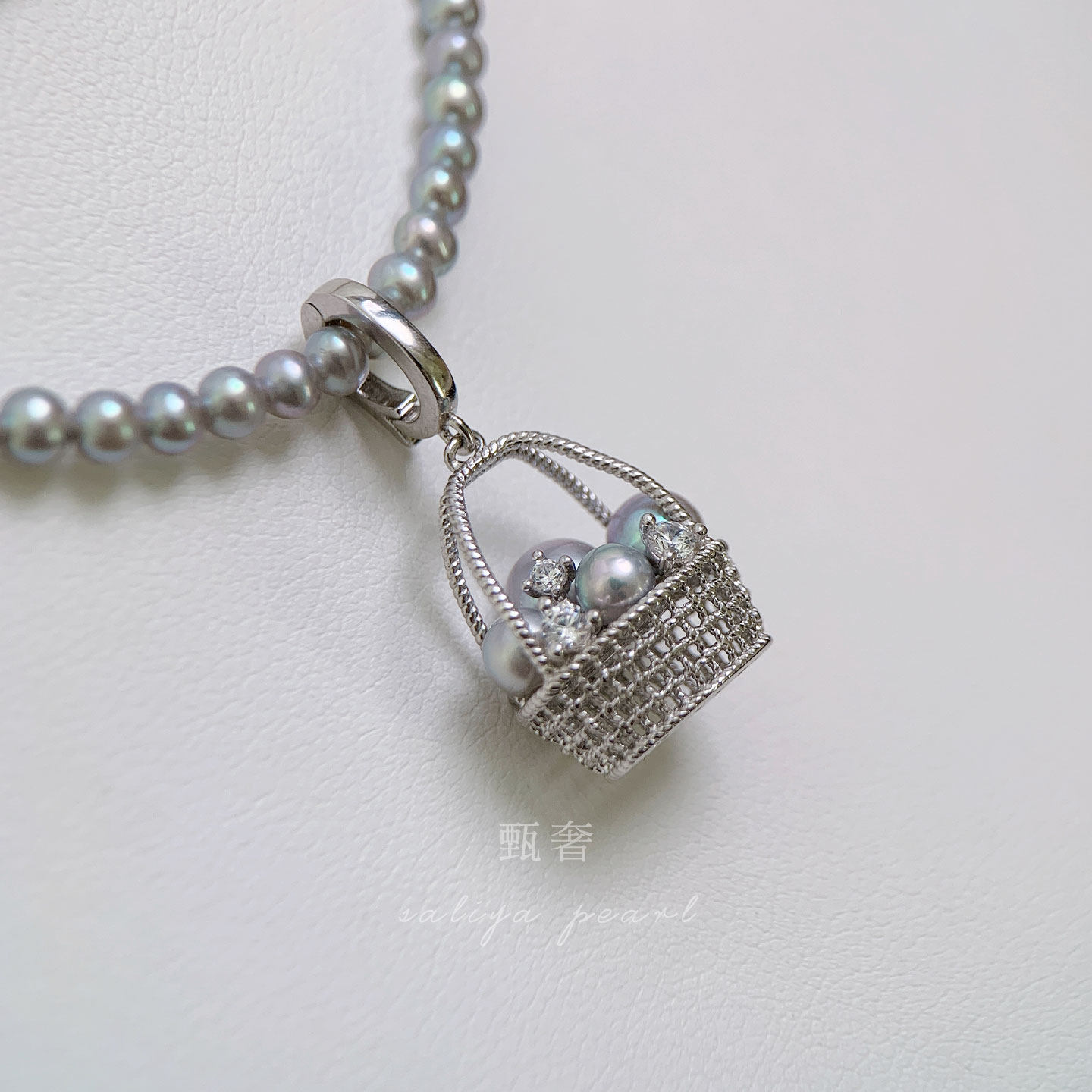 《青蓝锁珠》正圆极光灰色珍珠可掰扣吊坠立体编织花篮纯银挂坠,淘宝优惠券,粉丝福利购,淘宝优惠卷