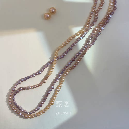 《如沐秋色》4-5mm花瓣状巴洛克珍珠金色到紫色渐变长项链120cm - 图2
