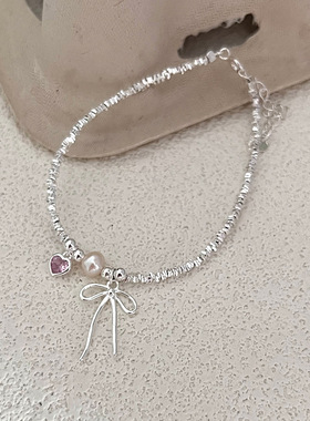 S925纯银甜美心粉色爱心蝴蝶结碎银子珍珠手链日韩简约设计款