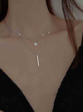 2022年新款925银双层项链ins冷淡风项链女纯银镶钻锁骨链女简约