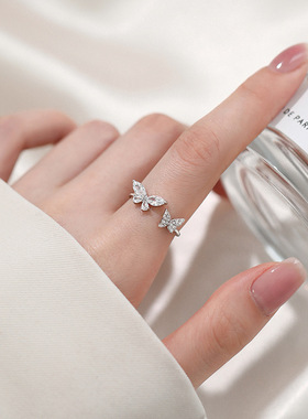 925纯银蝴蝶戒指女尾戒小众设计感轻奢食指戒素圈开口戒