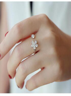 925纯银开口戒指 花朵锆石纯银戒指 韩国纯银饰品